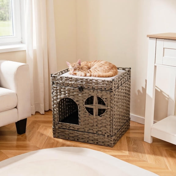 Yardi Yarda Foldable 2-tier Rattan Cat Litter Box Enclosure with Litter Mat, Cat House, Cat Condos for Indoor Cats, Pet Furniture-Grey