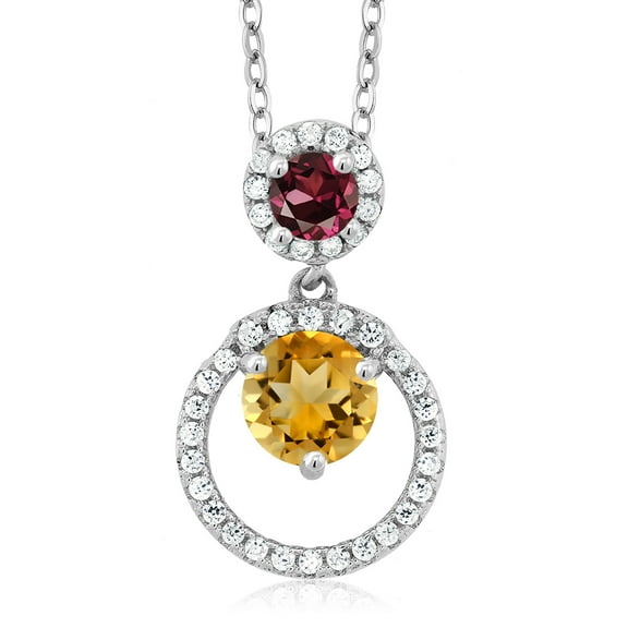 Gem Stone King 925 Sterling Silver Yellow Citrine and Red Rhodolite Garnet Pendant Necklace for Women (1.77 Cttw, Gemstone November Birthstone, Round 6MM and 4MM)