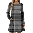 thumbnail image 4 of CharmCyan Women's Long Sleeve Pleated Round Neck Plaid Stripe Print Casual Dress With Pockets Navy XL, 4 of 5