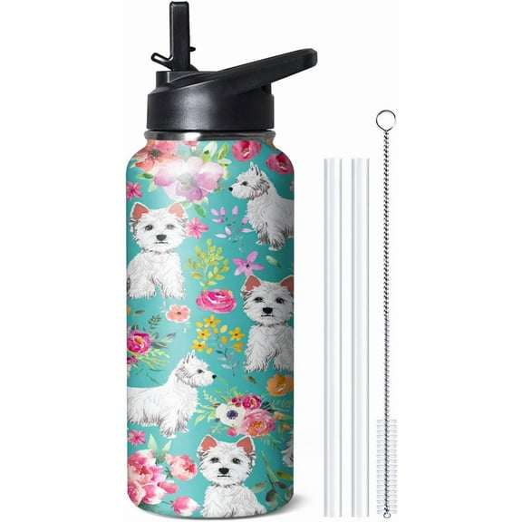 32oz Westie Dog Tumbler - Insulated Water Bottle with Straws & Flip Lid - Stainless Steel Dog Travel Cup
