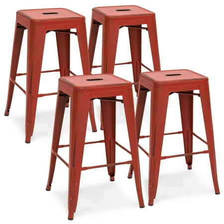 Bar Stools Red Best Choice Products 24in Set of 4 Stackable Modern Industrial Distressed Metal Counter Height Bar Stools - Red ()