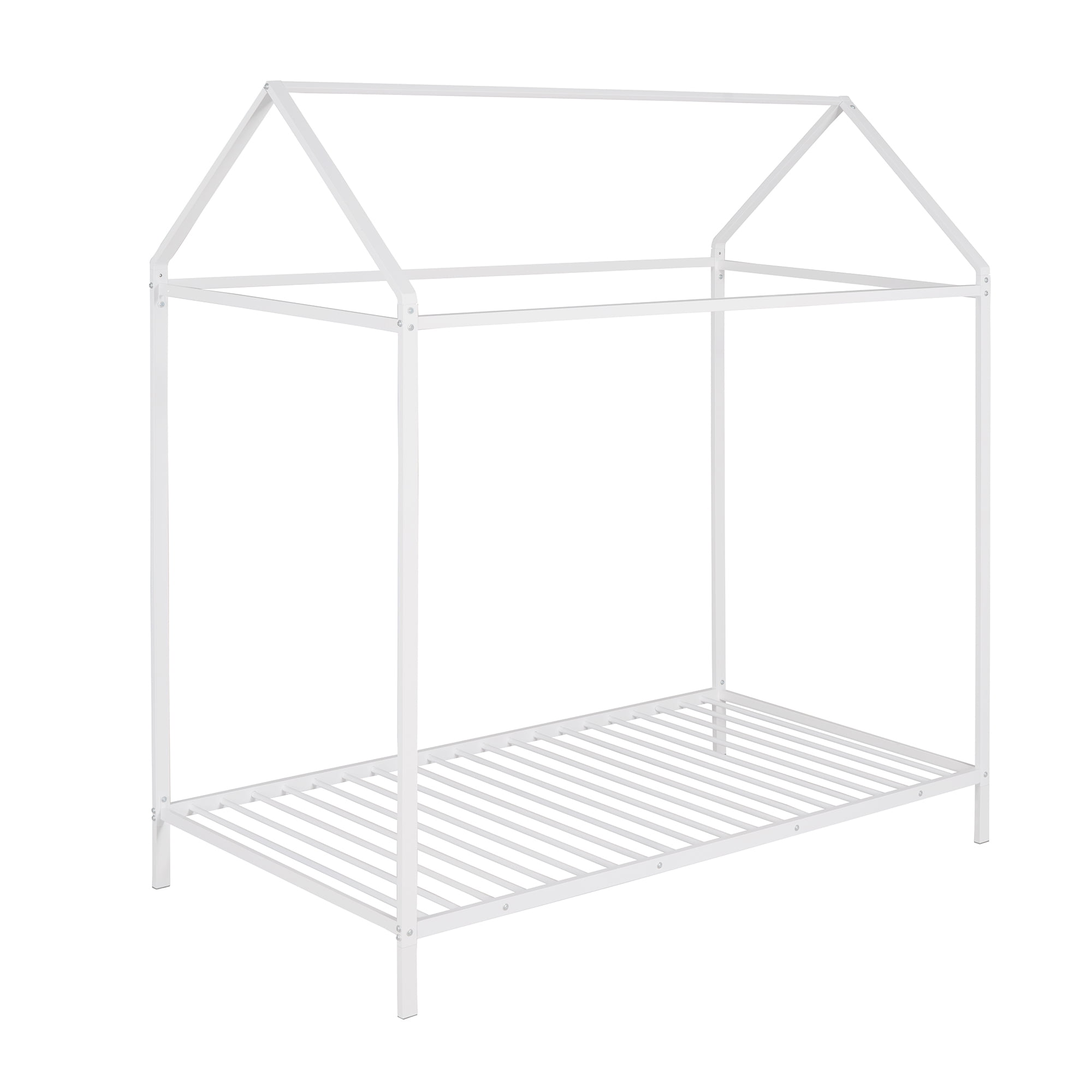 Gewnee Twin Size Kids House Bed,Metal Platform Bed Frame with Roof,White