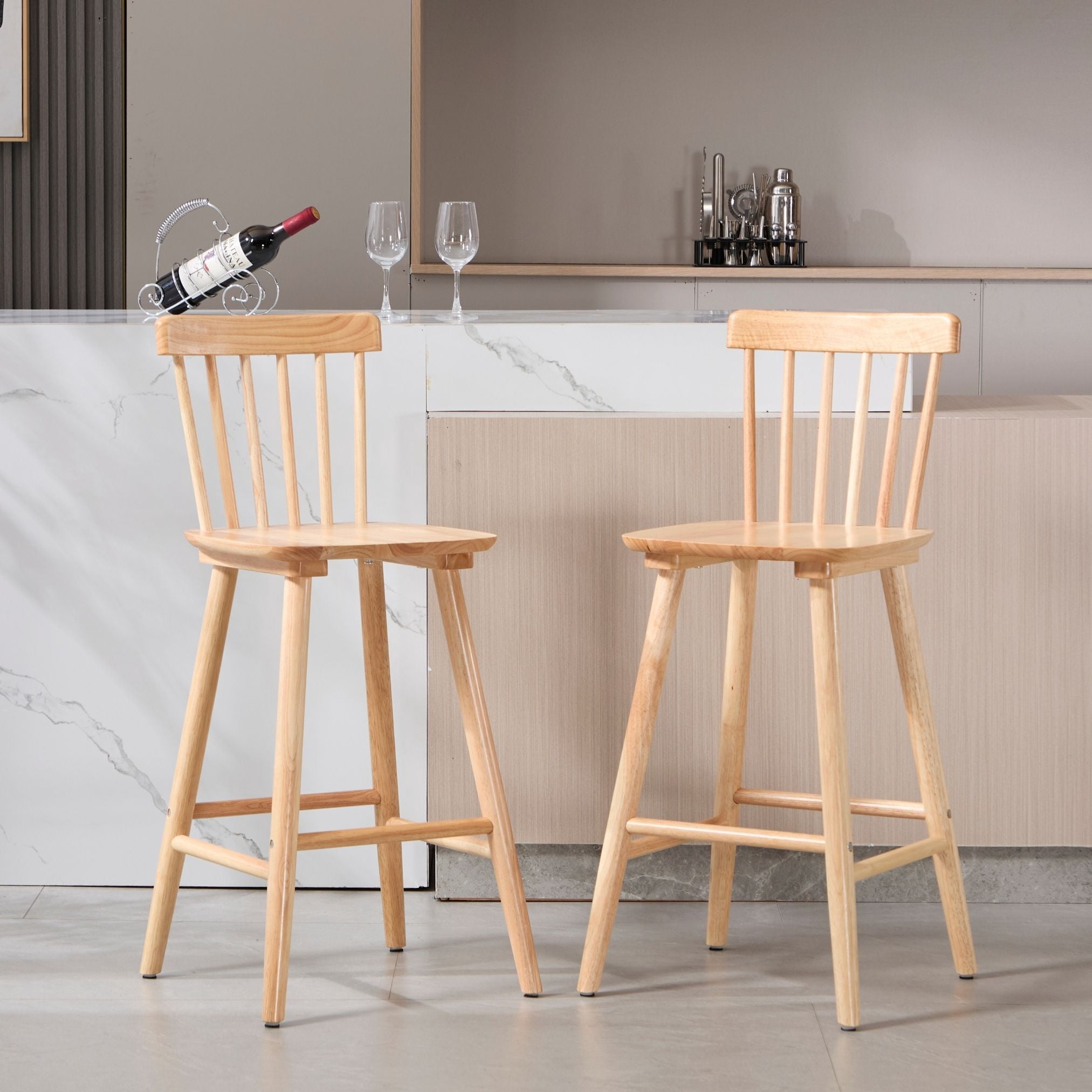 Dayalane Windsor Bar Stools Set of 2, 26" Farmhouse Wooden Counter Height Barstools with Spindle Back & Footrest, Armless Kitchen Island Stools for Bistro, Pub, Breakfast Bar,Natural