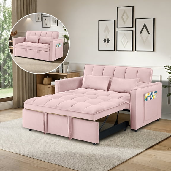 Howcool 55" Pull Out Sleeper Sofa Bed 3-in-1 Convertible Velvet Loveseat Adjustable Backrest Couch with Storage Pocket Small Space Sofa for Bedroom Living Room,Pink