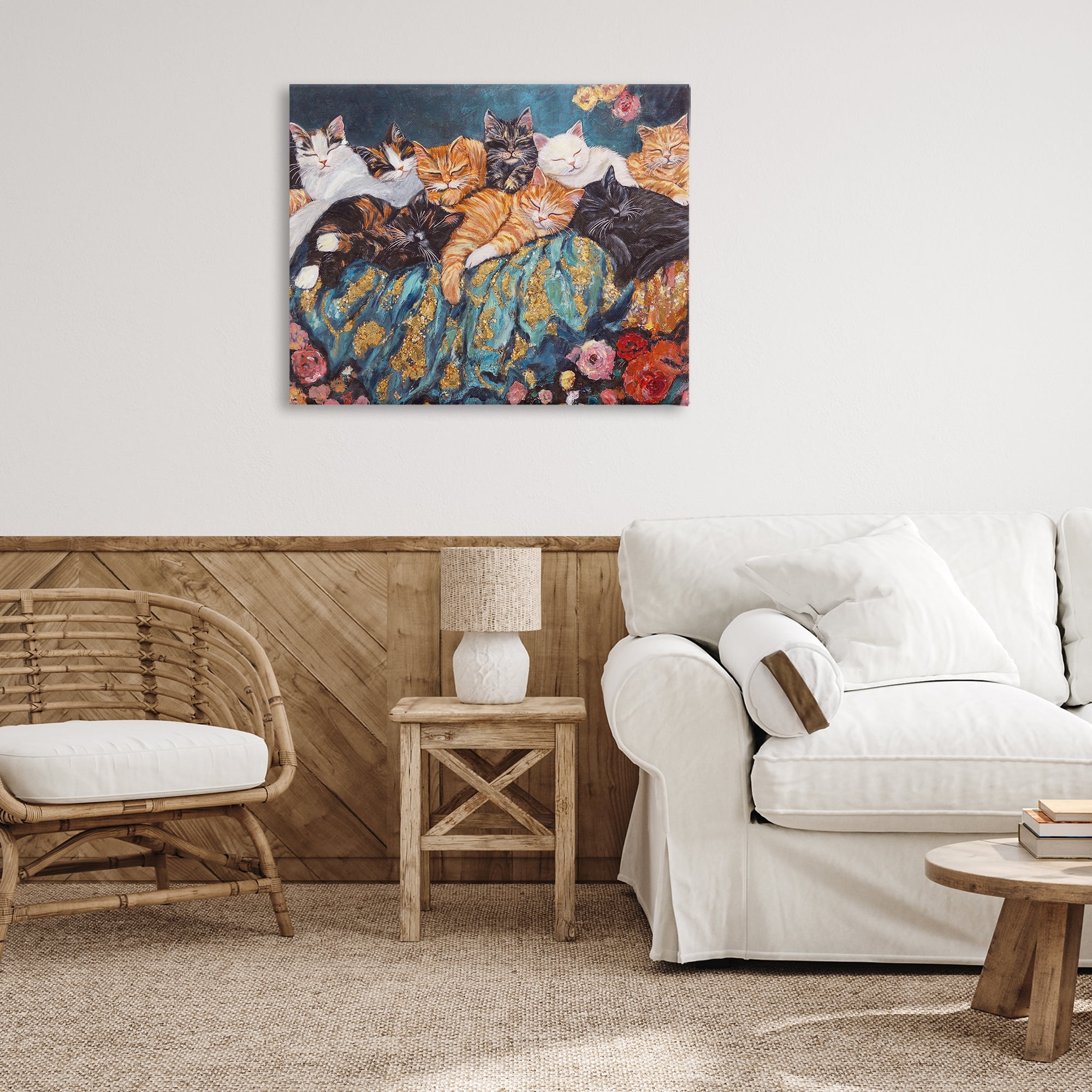 Sleepy Kitty Crowd with Flowers Canvas Wall Art, design by Sara Culpepper