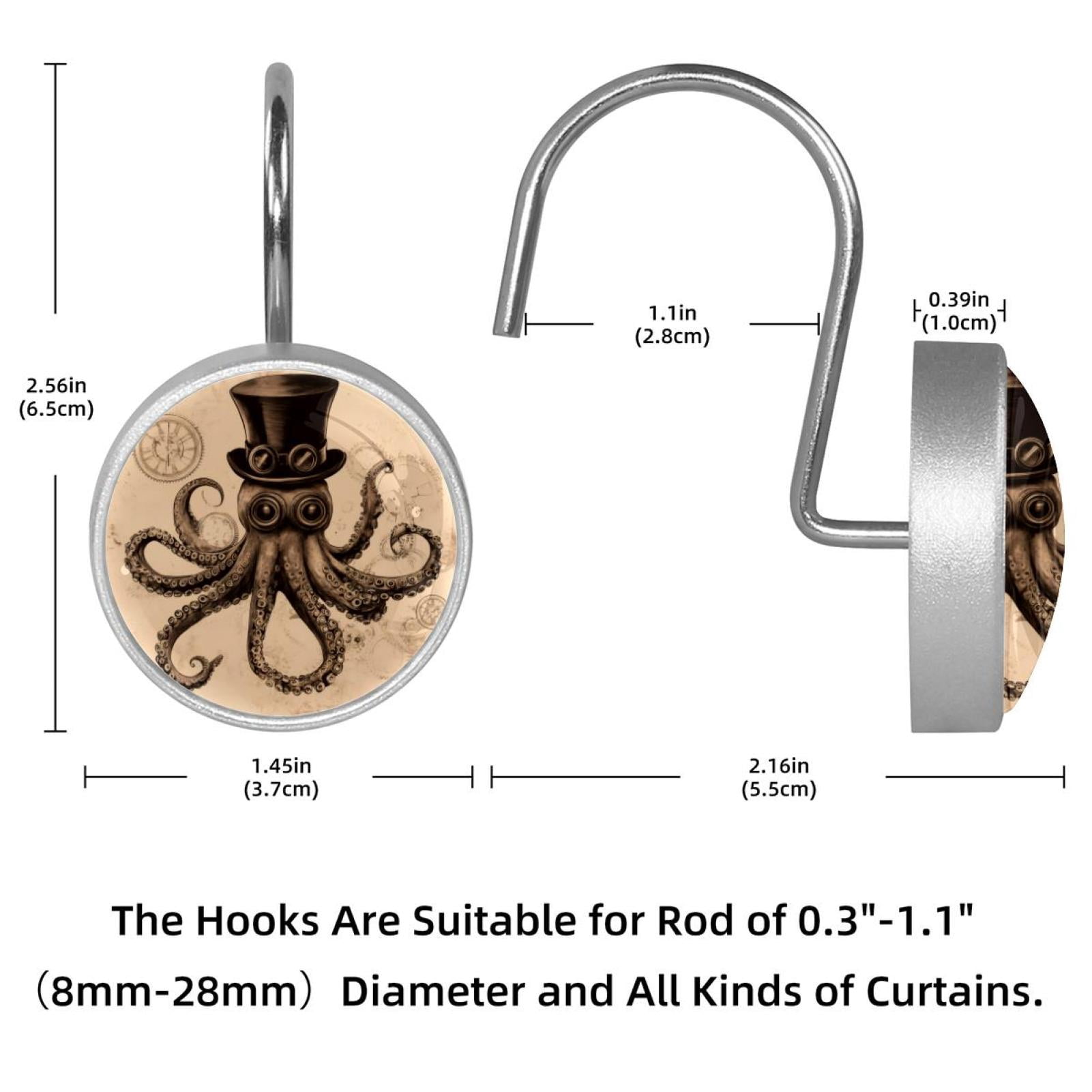12pcs Decorative Shower Curtain Hooks, Rust Resistant Shower Rings for Bathroom Living Room,Rustproof Stainless Steel Rings for Shower Curtain and Liner Rods,Vintage Hat Octopus