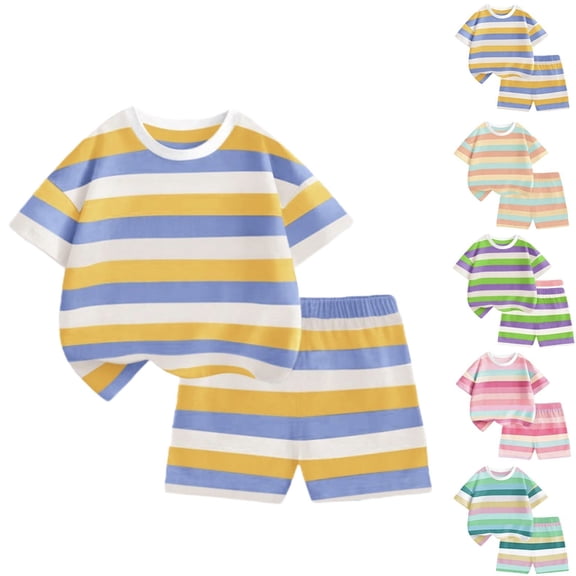 Ultrave Kids Cute Summer Outfit, Color Block Striped Short Sleeve T-Shirt Elastic Waist Shorts Set, Casual Playwear 1-14T