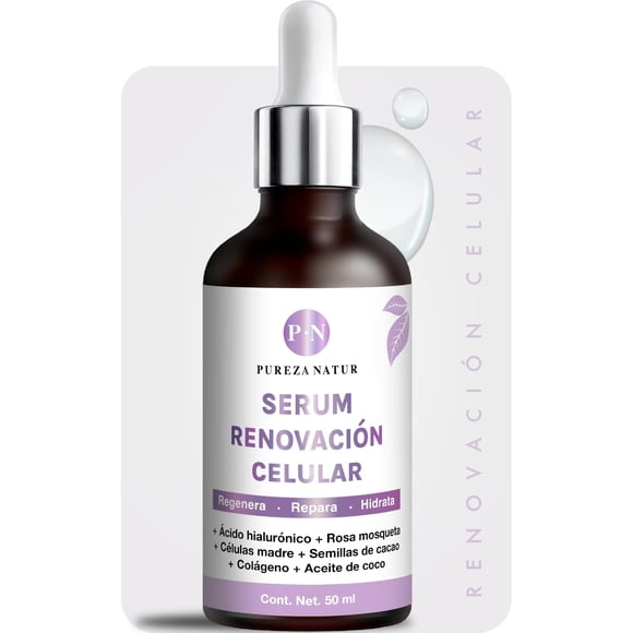 PUREZA NATUR Serum Acido hialuronico facial, Celulas madre, Rosa mosqueta, Col&aacute;geno y semillas de cacao. Suero regenerador y renovador de celulas de la piel antiage 50ml