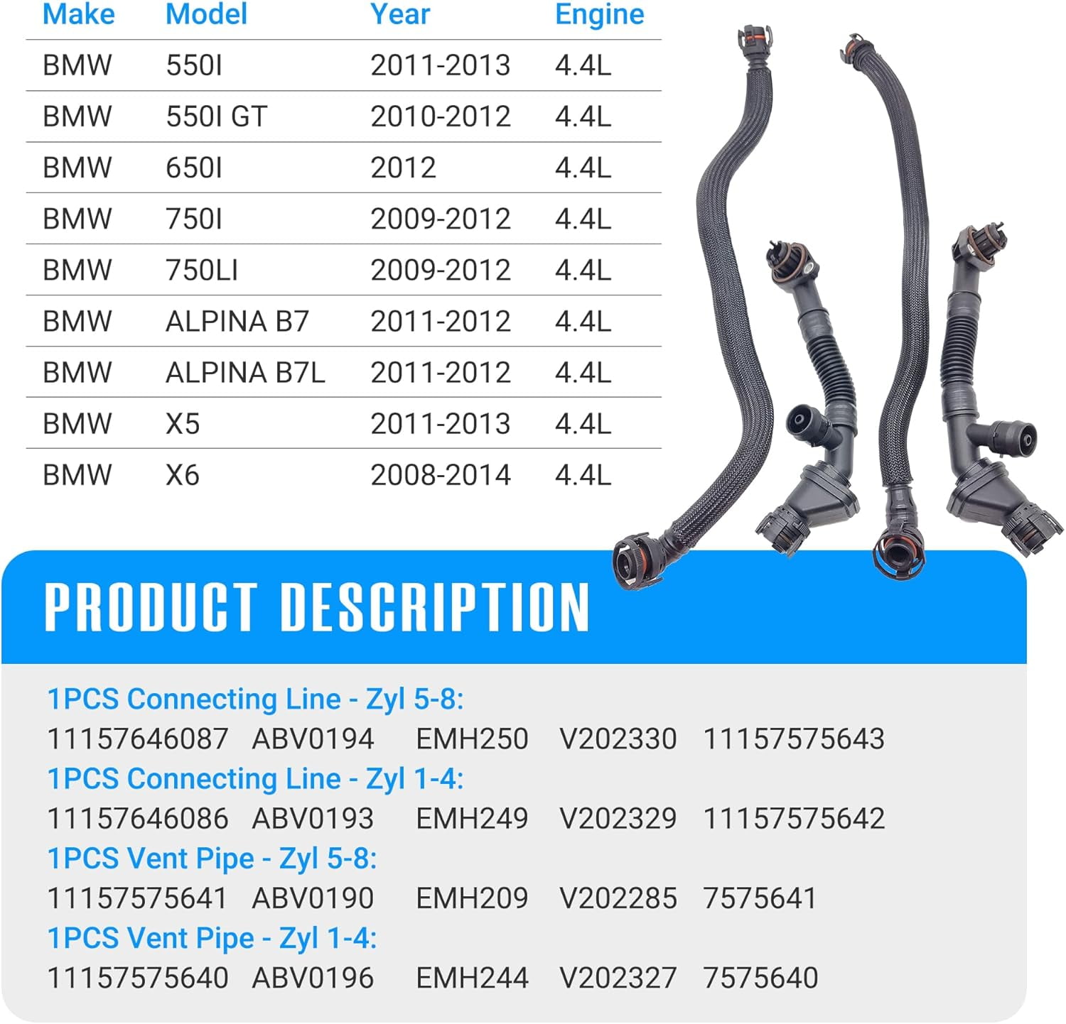 NOVAPARTS 4PCS Left and Right Crankcase Vent Pipe for BMW 550i 650i 750i 750Li Alpina B7 X5 X6 xDrive35i N63 4.4L 11157575640 11157575641 11157646086 11157646087