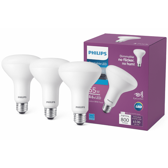 Philips LED Frosted Dimmable BR40 Light Bulb - EyeComfort Flicker Free - 8.8W = 65W - 800 Lumen - Daylight (Pack Of 3)