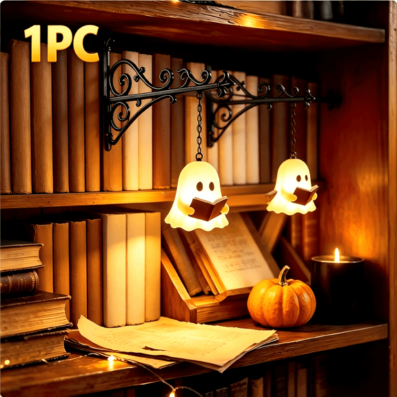 Ghost Library Shelf Light - Iron Craft Battery Operated Night Light, Hanging & Standing Bookcase Lamp, Halloween Decor & Gift for Literary Lovers
