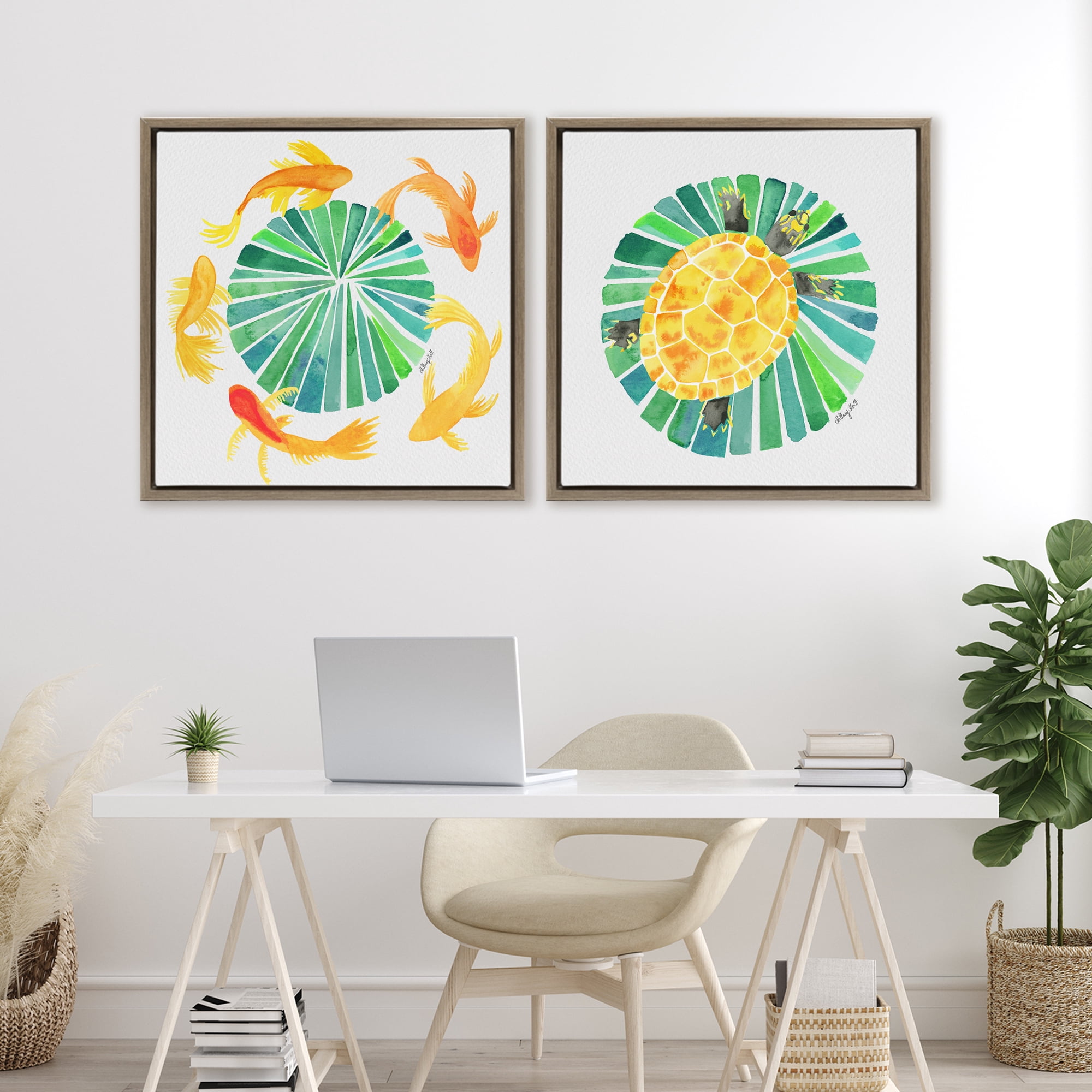 Stupell Industries Orbital Aquatic Creatures 2 Piece Brown Framed Floater Canvas Set, design by Hillary Holt
