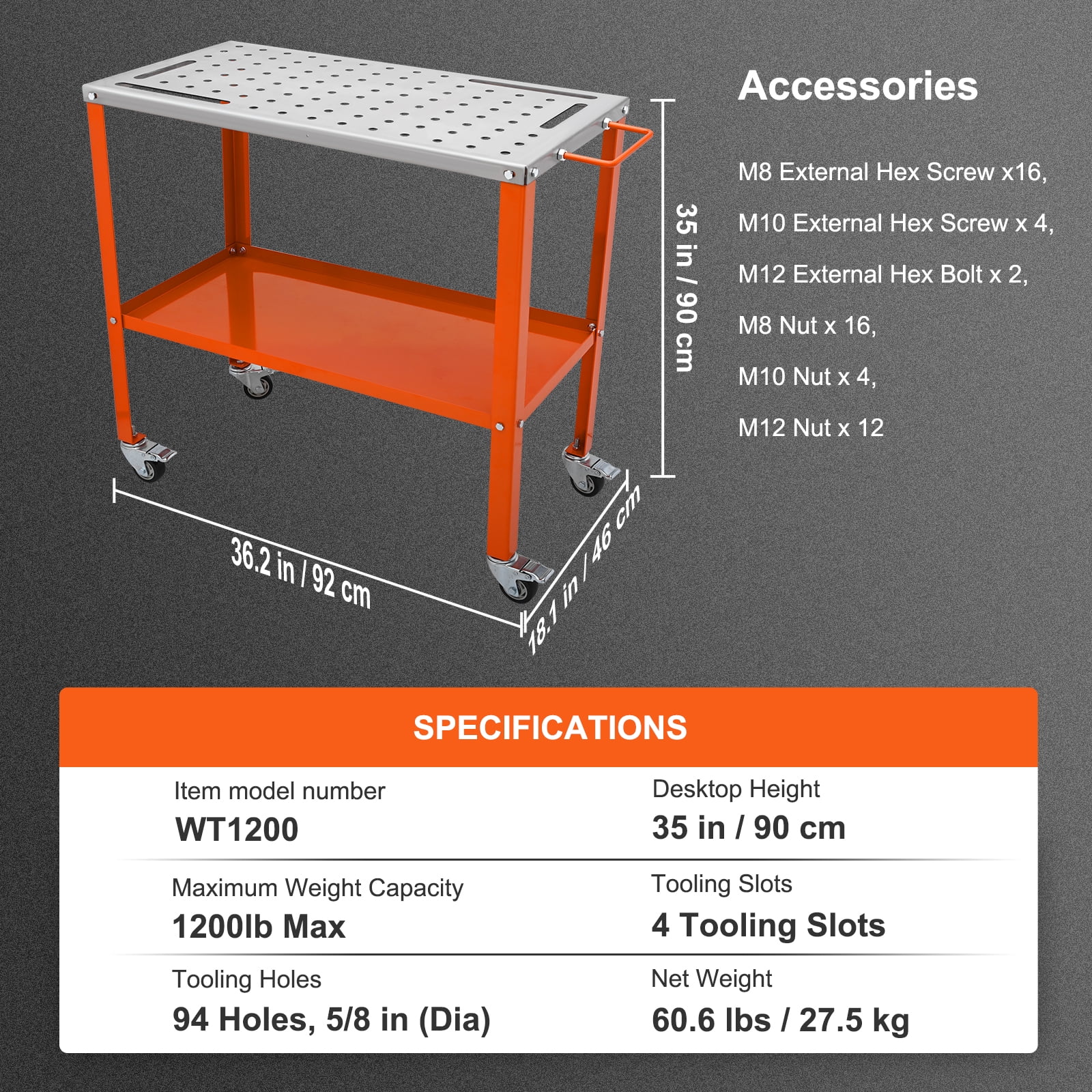 KFFKFF 36x18-inch Steel Welding Table, Supports up to 1200lbs, Mobile Workbench with Brake-Enabled Locking Casters, Includes 4 Tool Slots, 5/8-inch Fixture Holes & Tool Tray