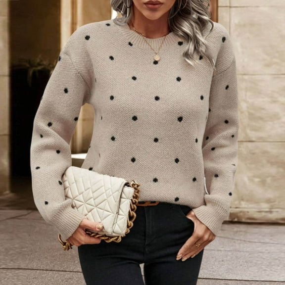 Heisall Womens Sweaters 2025 Autumn Winter Round Neck Loose Casual Knitwear Polka Dot Print Tops Daily Wear Fashion