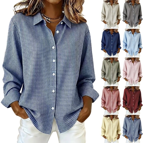 DORKASM Womens Linen Tops Long Sleeve Plaid Business Shirt V Neck Lightweight Button Down 2026 Fashion Gingham Blouse Fall Trendy Tops Blue 3XL