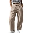 thumbnail image 3 of Cotton Linen Pants Women Wide Leg Loose Casual Cropped Elastis Waisted Pants for Women with Pockets, 3 of 8