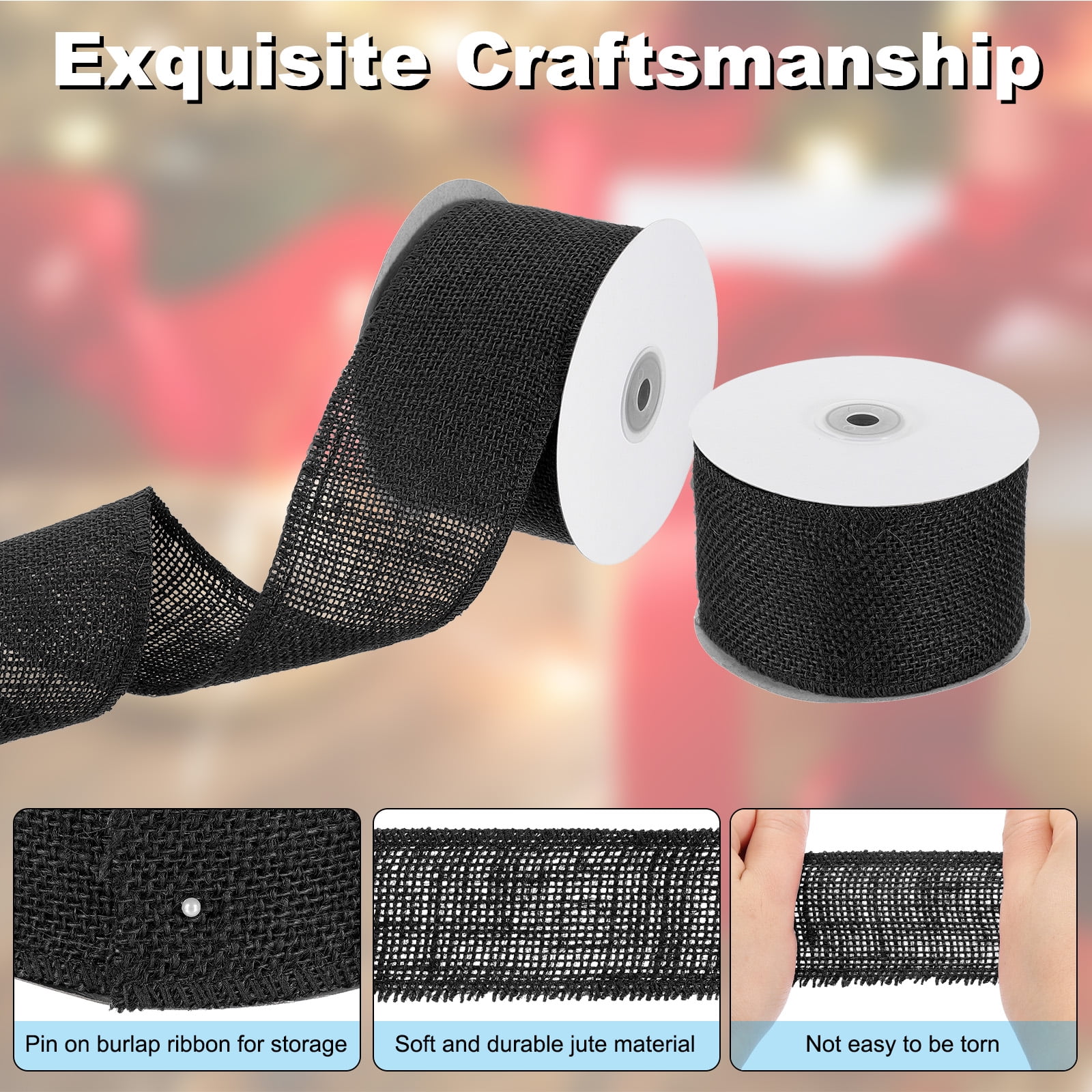 Uxcell 3 Inch Wide 10 Yards Burlap Ribbon, 2pcs Natural Jute Fabric Crafts Roll Gift Wrapping Black