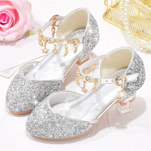 hengsof Girls Solid Color Clear Crystal Tassel Adjustable Strap Princess Wedding Party Shoes, for Ages 4-12.5 Years, Fashion High Heel Performance Crystal Shoes