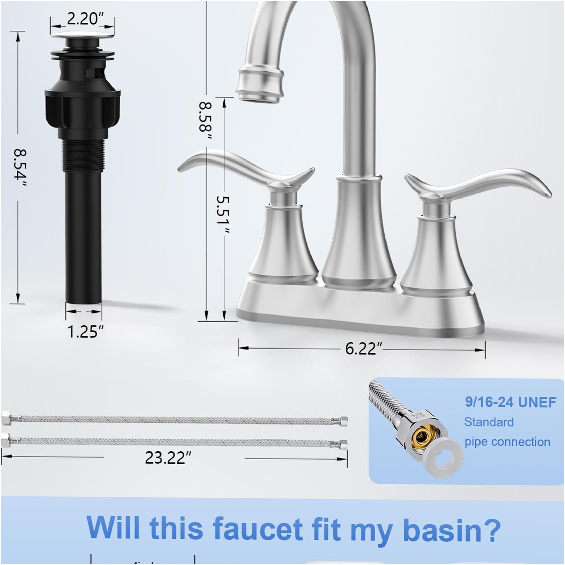 JERFIT 4-inch Centerset Bathroom Sink Faucet, 2-Handle High Arc Swivel Spout, Brushed Nickel, with Pop-Up Drain & Supplies