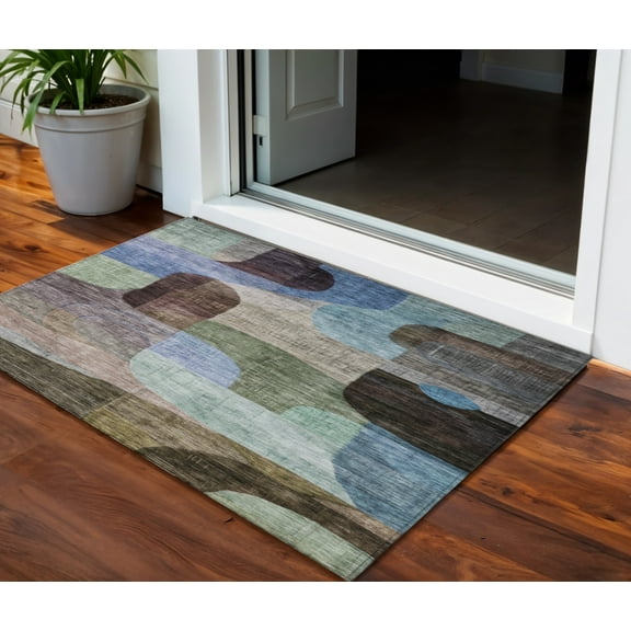 HomeRoots 604354 3 x 5 ft. Brown, Blue & Green Abstract Washable Indoor & Outdoor Rectangle Area Rug