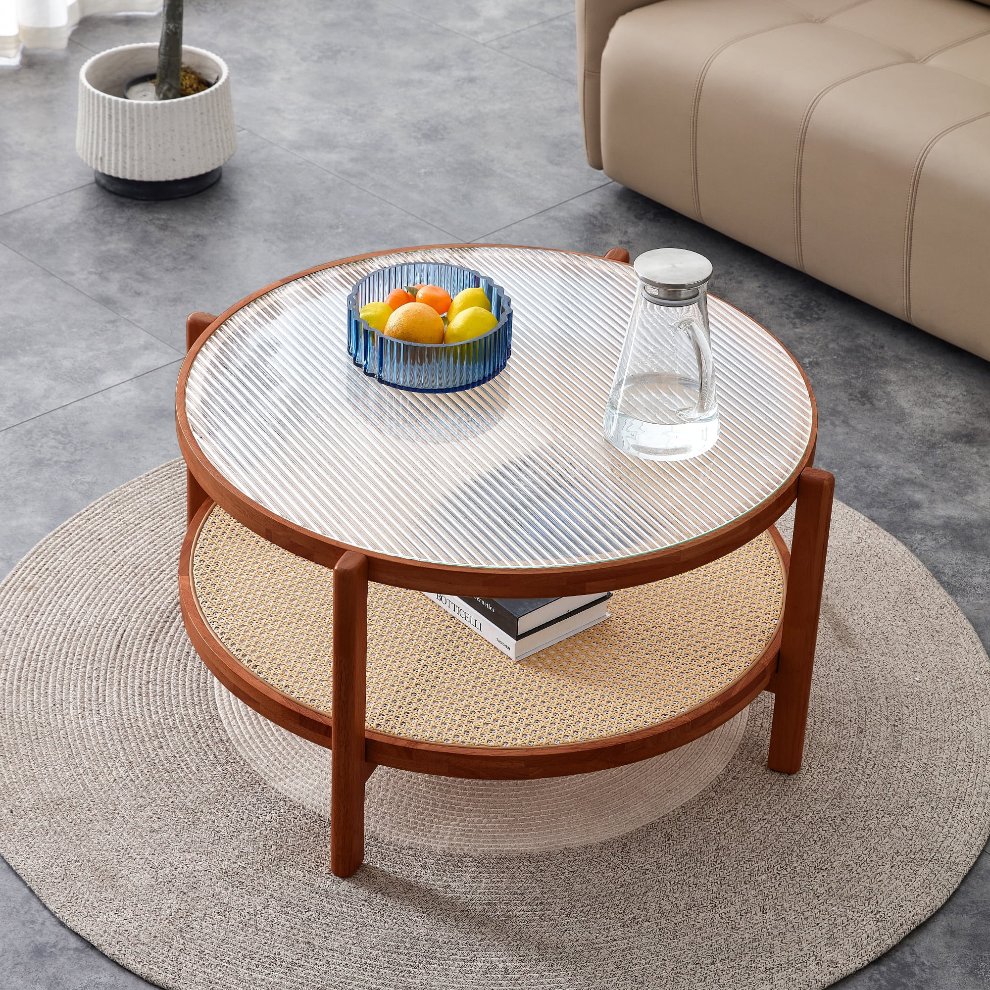 Kepooman 2-Tier Coffee Table, Round Tea Table with Solid Wood Frame and Pe Rattan, Modern Glass Sofa Center Table for Living Room, Walnut