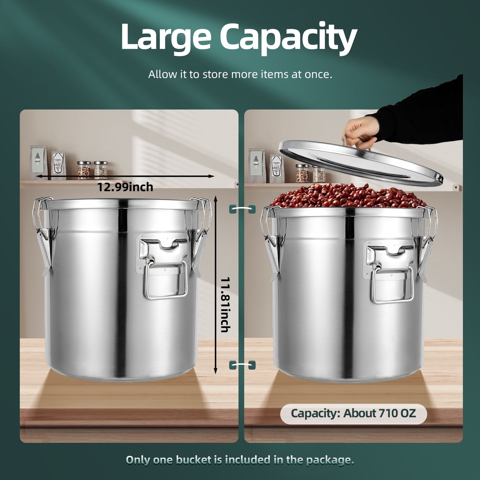 PEAKORA21L Airtight Rice Bucket Stainless Steel Canister Food Storage Container w/ Lid