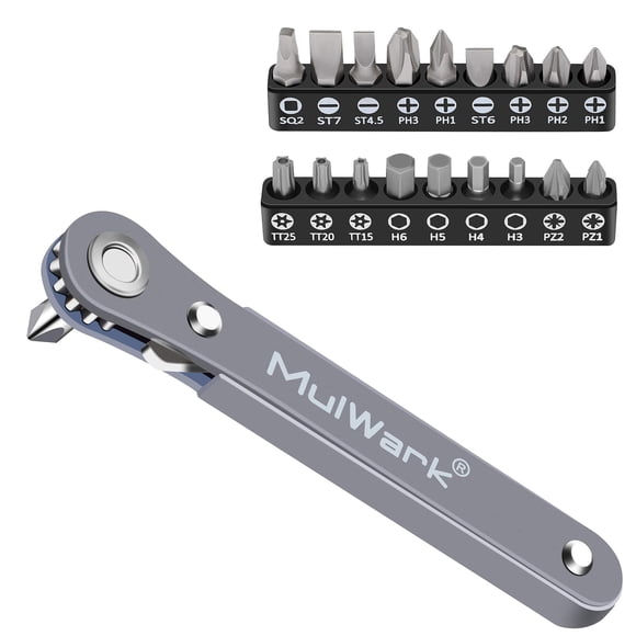 MULWARK 20pc 1/4 Ultra Low Profile Mini Ratchet Wrench Close Quarters Screwdriver Set with High Torque - Right Angle EDC Tool with 90 Degree Mini Off
