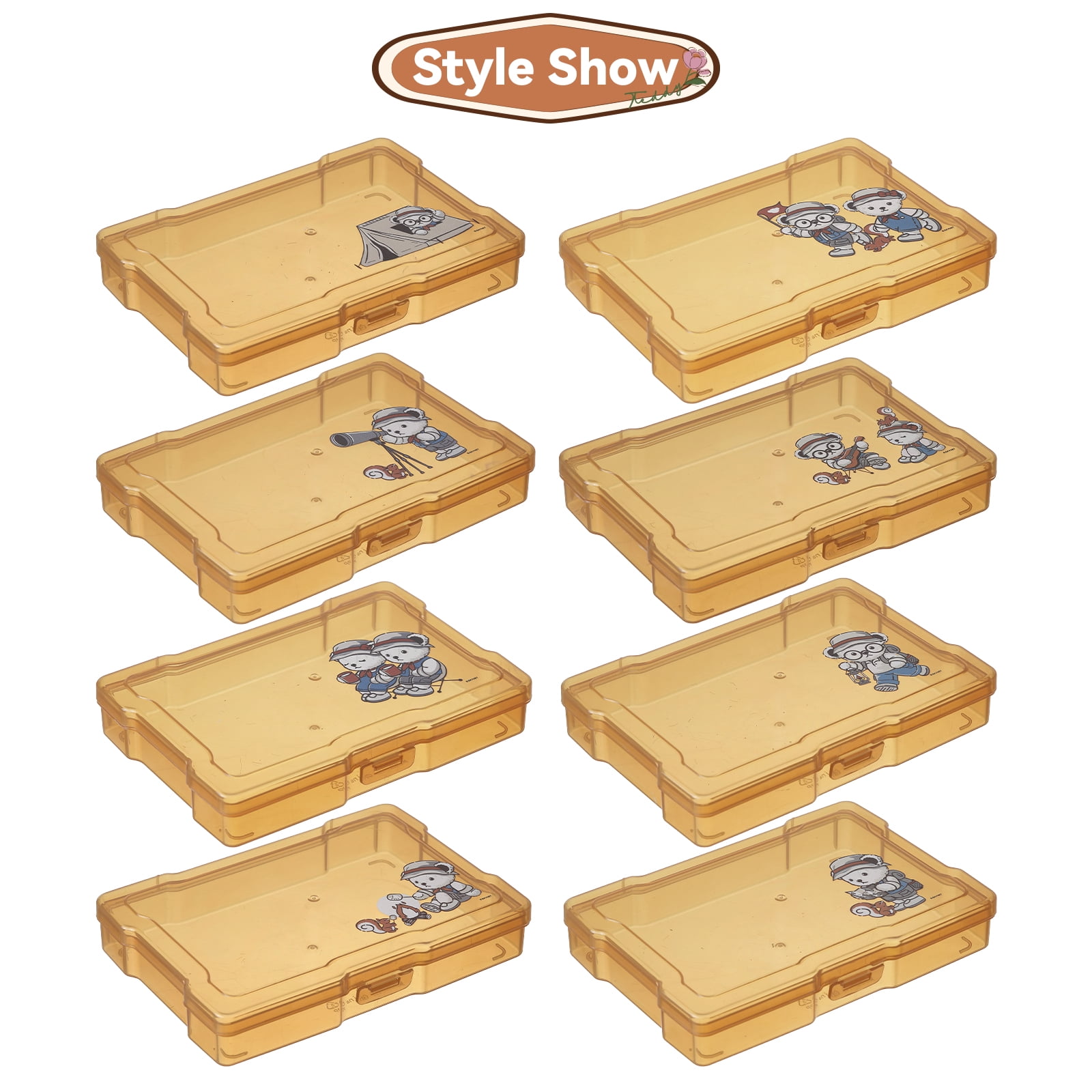 Novelinks 4x6 Inch Photo Boxes with 16 Inner Cases,Memory Organizer, Brown Plastic Box for Crafts, Stickers, Seeds, Art Supplies,Print with Camping Style Teddy Bear