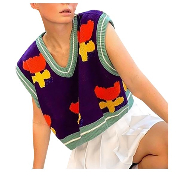 JINMGG 2024 Fall Winter Plus Size Sweaters for Women Clearance,Women Streetwear Preppy Style Knitwear Tank Top V Neck Knitted Sweater Vest