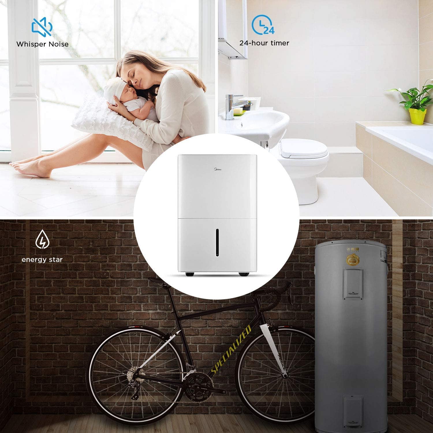bathroom with bucket of 1.6 gallon, MIDEA MAD50C1YWS Dehumidifier 50 Pint with Reusable Filter bedroom Ideal for basements