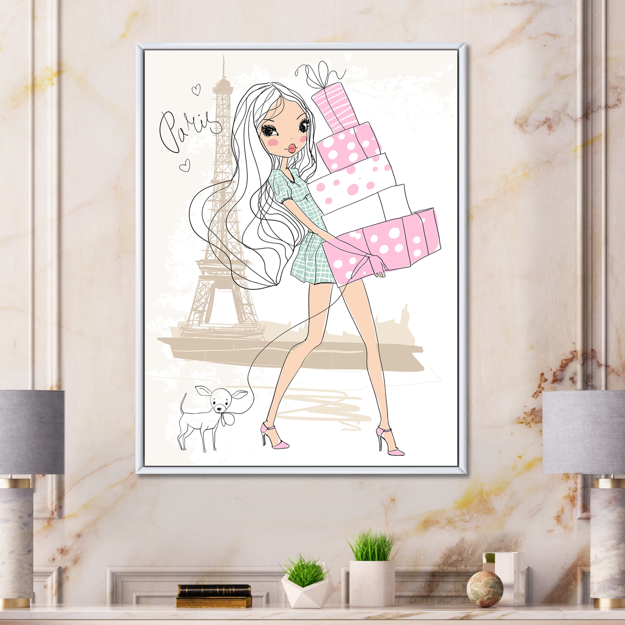 Designart 'Young Woman With Shopping Boxes In Paris' Shabby Chic Framed Canvas Wall Art Print