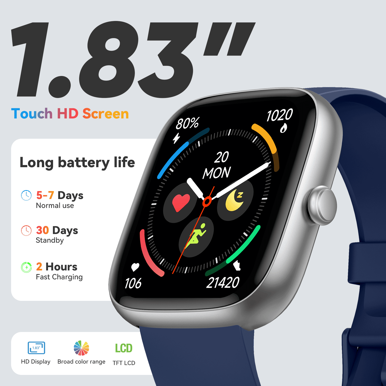 Smart Watches for Men Women (Answer/Make Calls), 1.83" Touchscreen Fitness Watch with 110+ Sport Modes, Fitness Tracker, IP68 Waterproof Smartwatch for Android Ios Blue