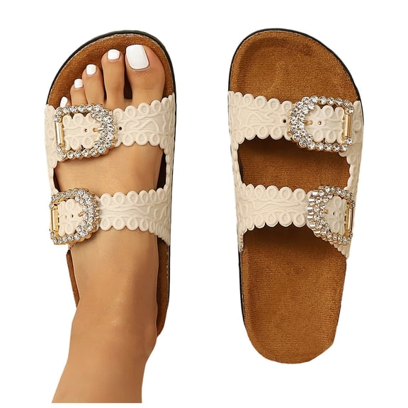 Rokment Womens Sparkly Rhinestones Buckles Cork Footbed Slip on Sandals Comfortable Beach Casual Orthopedic Platform Low Heel Walking Slides Summer Flat Dress Slippers for Wide Feet Beige Size 6.5