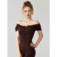 thumbnail image 2 of Women'S Cold Shoulder Summer Halter Top Short Sleeve Off the Shoulder Rib Knit Crop Top Tee Shirt Coffee Color XL, 2 of 7