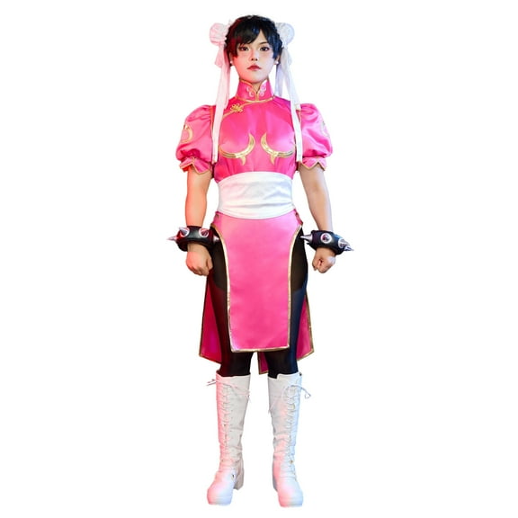 [Officially Licensed] Street Fighter Pink Classic Chun Li Costume with Golden Embroidery for Halloween, M