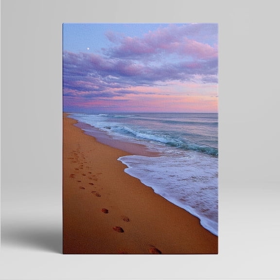 1pcs Serene Beach Sunset Canvas Wall Art - Footsteps in Sand, Waves
