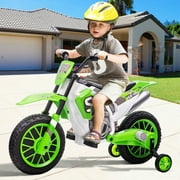 JOYLDIAS 12V Ride On Motorcycle Dirt Bikes for Kids w/Training Wheels, Spring Suspension,Green