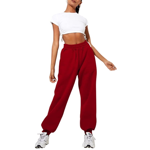 Innerwin Jogger Pants With Pockets Women Trousers Sports Solid Color Lounge Sweatpants Red L