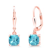 Gem Stone King 18K Rose Gold Plated Silver Swiss Blue Topaz Dangle Earrings for Women (2.24 Cttw, Gemstone November Birthstone, Cushion Checkerboard 6MM)