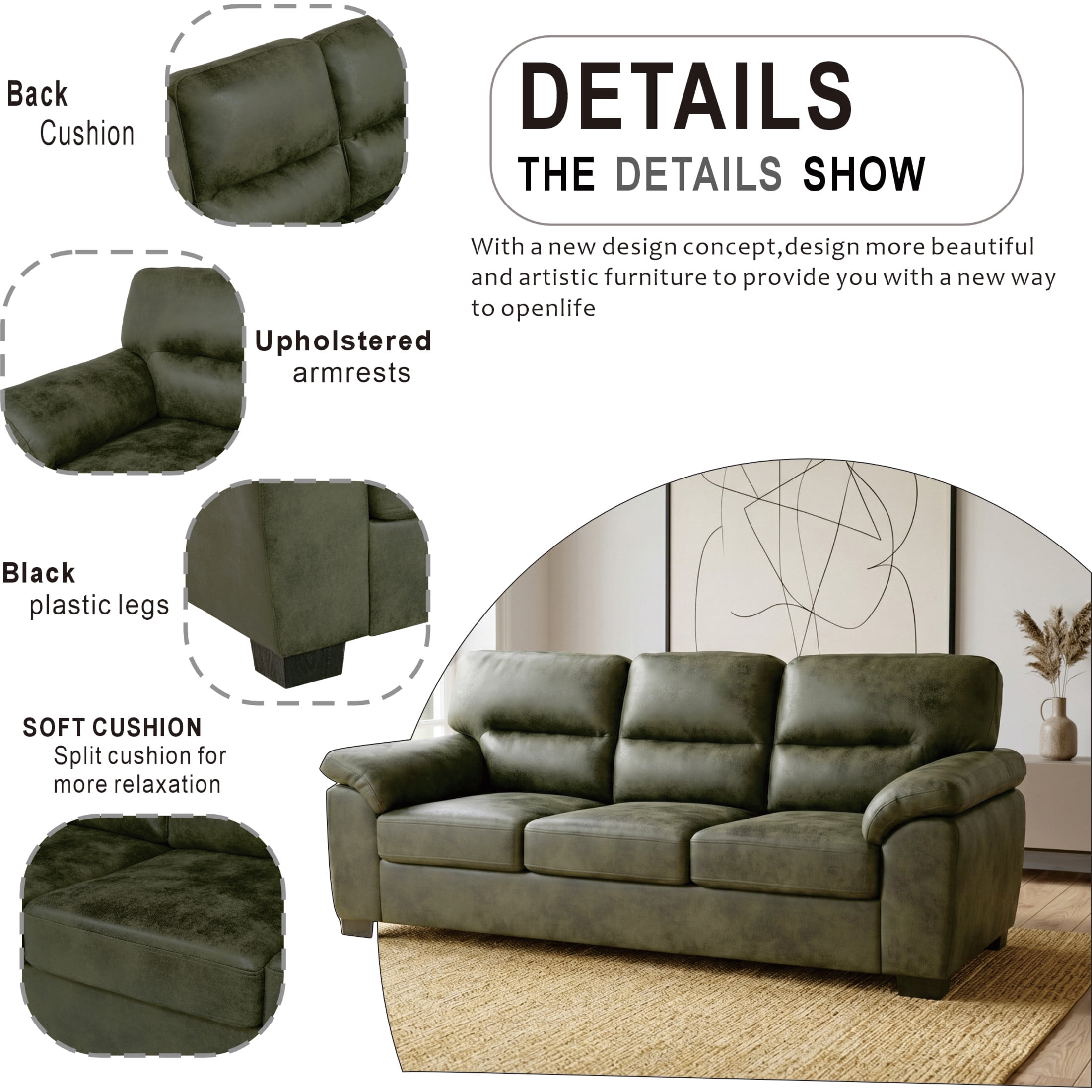 Noble House 81" Modern Sofa with Pillow Top Arms, Foil Fabric Upholstery, Olive Green