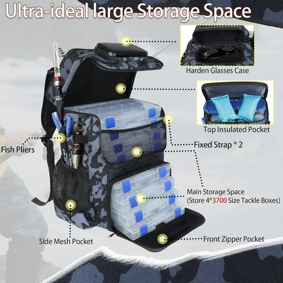 Fishing Backpack with Rod Holder, 55L Water Resistant Tackle Bag with Cooler