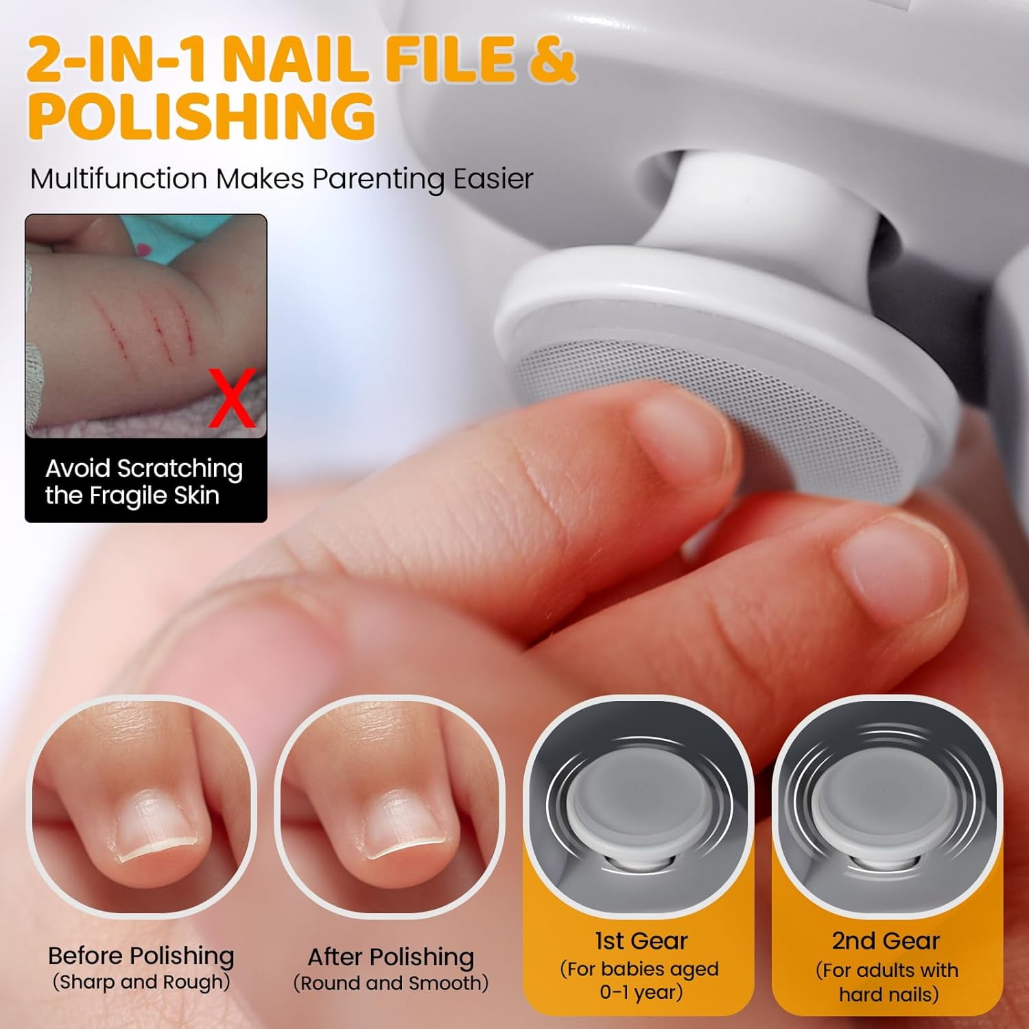 Electric Nail Trimmer for Baby with LED Light, 2 in 1 Automatic Safety Fingernail Clipper and File with Nail Scraps Storage for Newborn, Kids, Adult, Elderly, 2 Speeds, USB Rechargeable