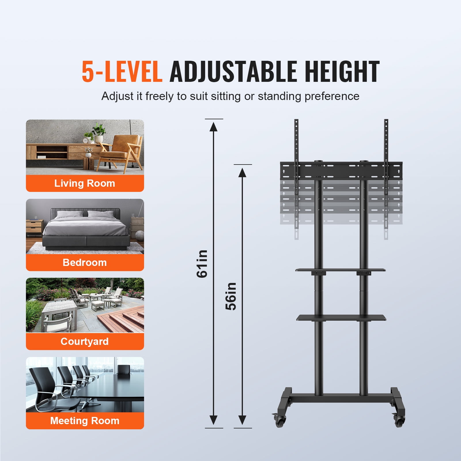 VEVOR Modern Rolling TV Stand Height Adjustable Mobile TV Cart Floor TV Stand with Projector Shelf 32"-70" TVs with Lockable Wheels & Double-Tiered Tray