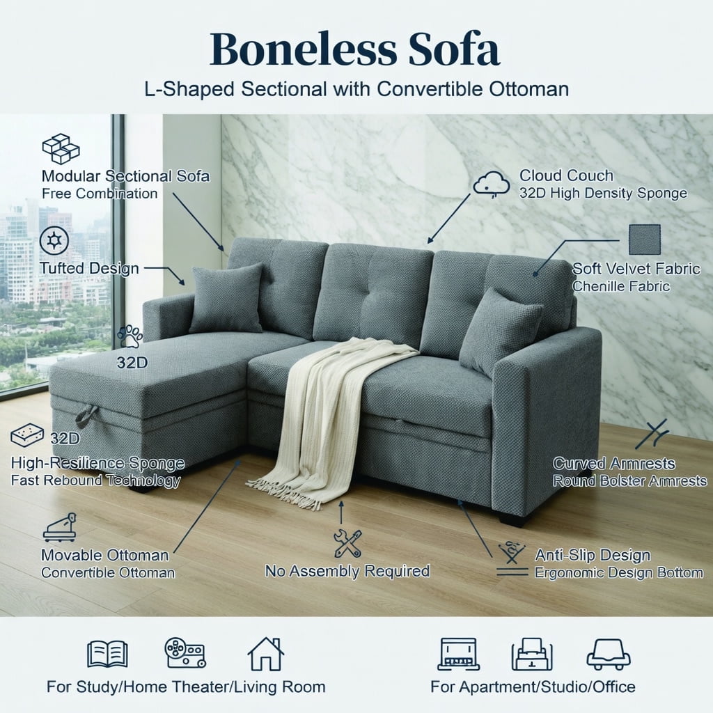 Hommoo Mid-Century Modern L-Shaped Sleeper Sectional Sofa with Pull-Out Bed, Reversible Chaise & Hidden Storage, Convertible Living Room Furniture for Small Spaces, Light Gray
