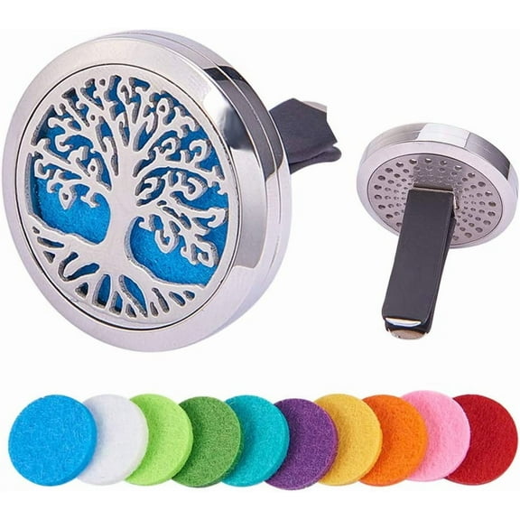 Tree of Life Car Air Freshener Aromatherapy Essential Oil Diffuser Stainless Steel Locket With Vent Clip with 10 Washable Felt Pads … 1set