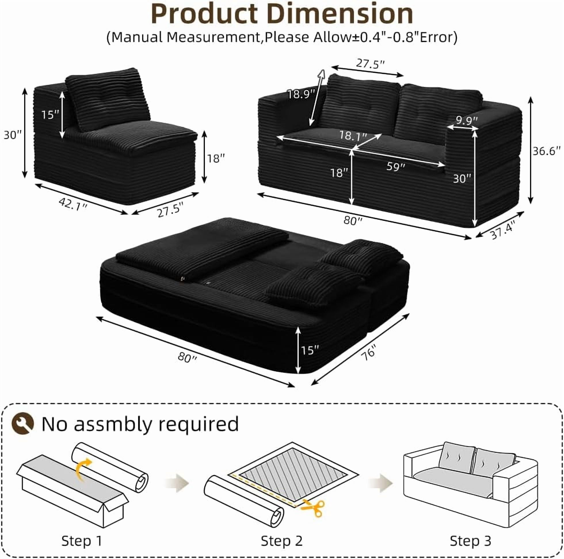 80" Folding Sofa Bed King Sleeper Sofa with Chaise Lounge, 2-in-1 Convertible Corduroy Boneless Couch with Blanket, Modern Loveseat Couches for Living Room, No Assembly Couch, Black
