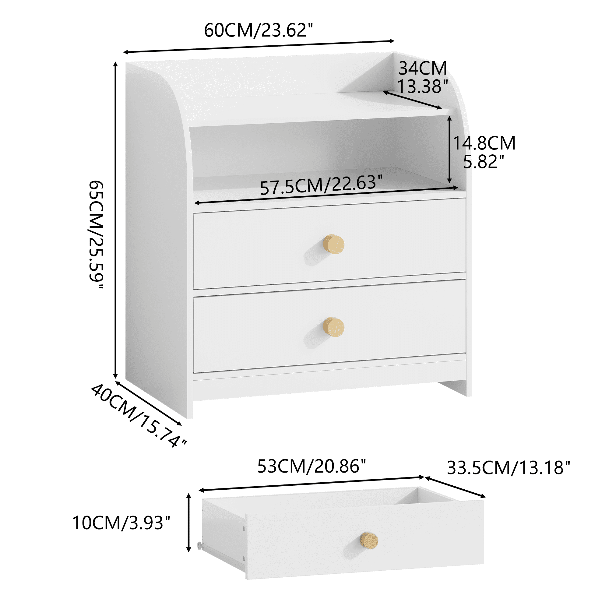 Leumius White Nightstand with 2 Drawers and Open Shelf,Curved Side Panel Wood Bedside Table for Bedroom/Living Room