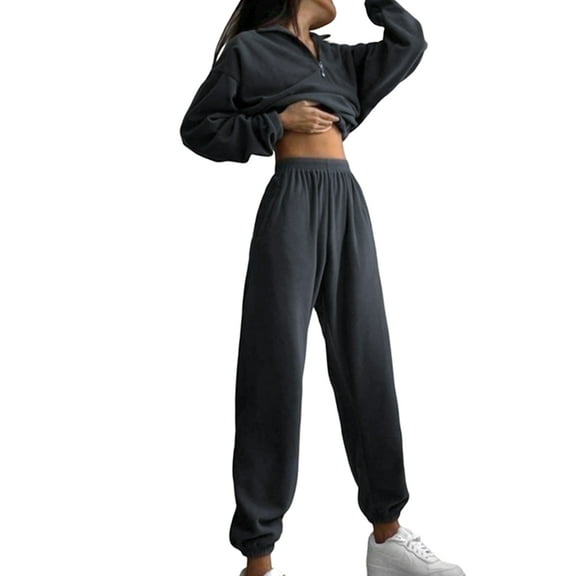 Womens 2 Piece Outfits Lounge Sets -Fleece Half Zip Pullover and Baggy Sweatpants with Pockets Gray XL