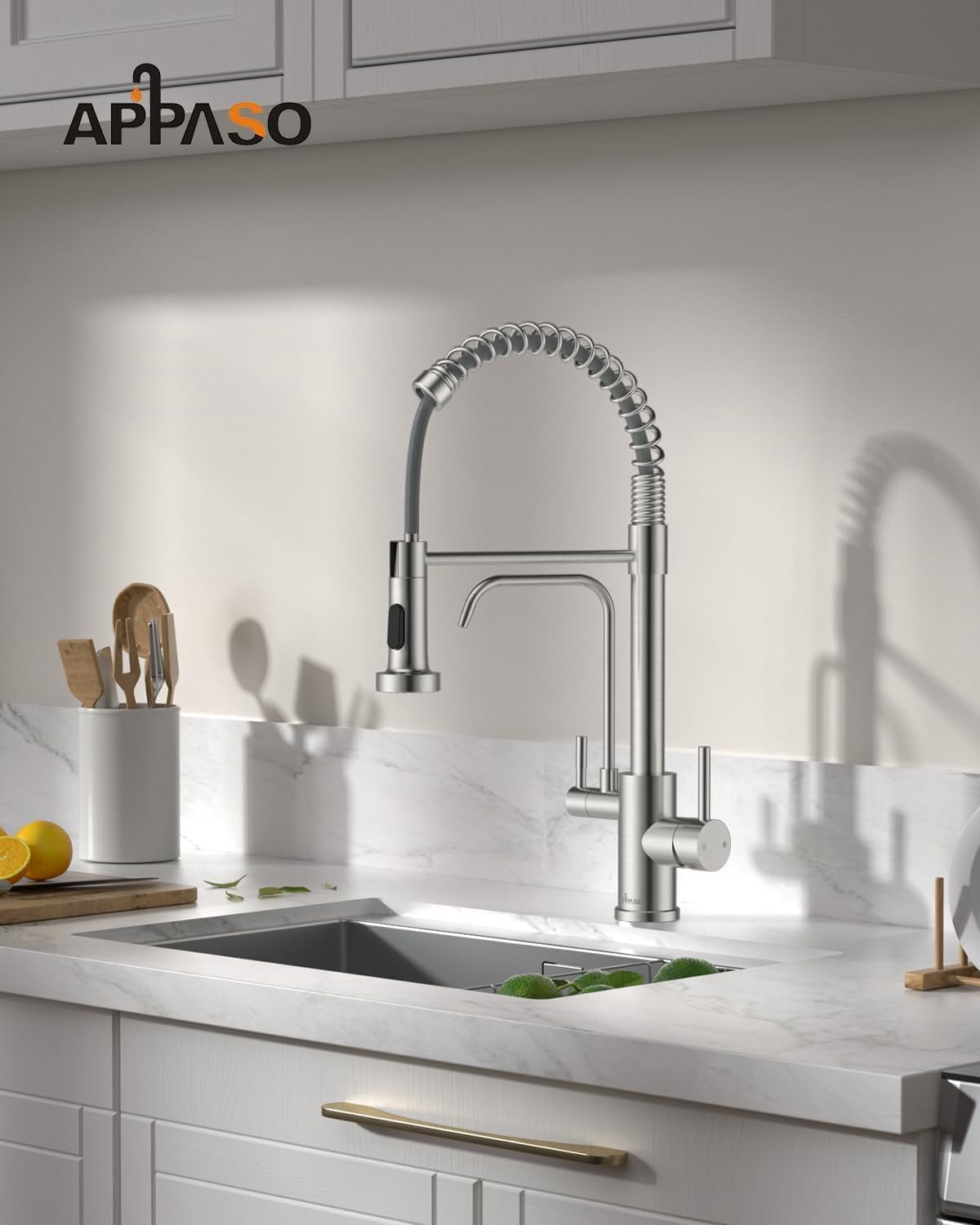 APPASO 3-in-1 Pull Down Kitchen Faucet with Drinking Water Dispenser, 20" High Arc Water Filter Faucet, Brushed Nickel, No Filtration System Included