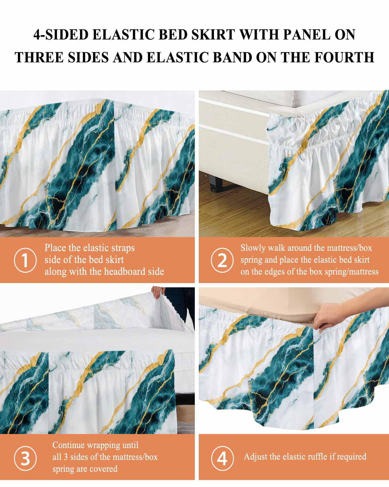 Marble Turquoise Wrap Around Bed Skirts for Queen Bed 16" Drop,Bed Skirt with Adjustable Elastic Belt Dust Ruffle Bed Valance for Bedroom Hotel Gold Foil Ceramic Style Crack Scratch Bed Frame Cover